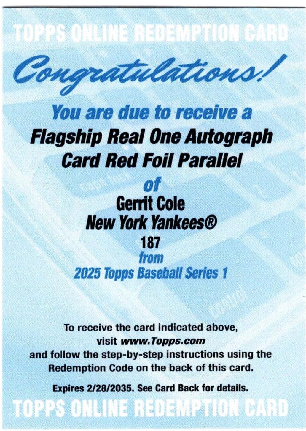 Gerrit Cole [Red Foil Flagship Real One Autograph] #187