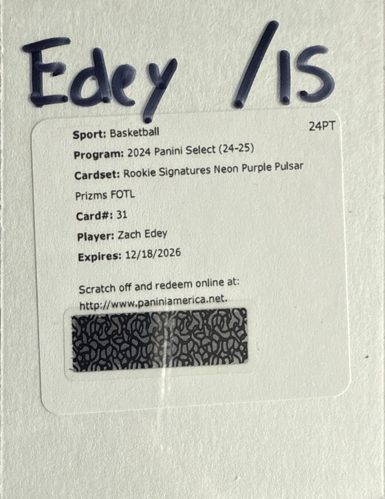 Zach Edey [Neon Purple Pulsar Prizm FOTL] #31