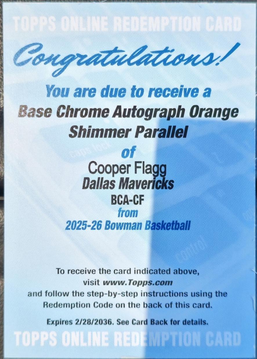 Cooper Flagg [Orange Shimmer Refractor] #BCA-CF