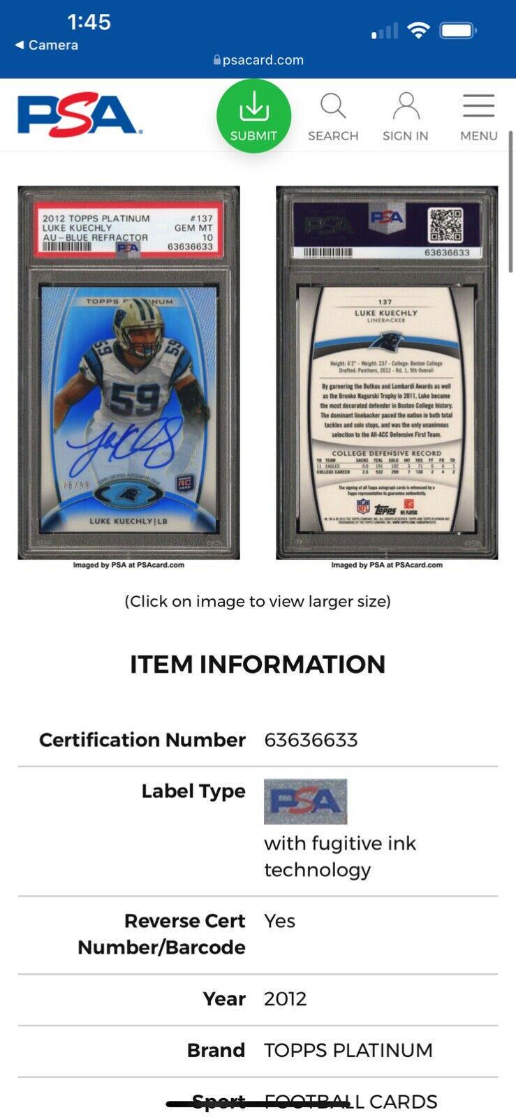 Luke Kuechly [Blue Refractor Autograph] #137